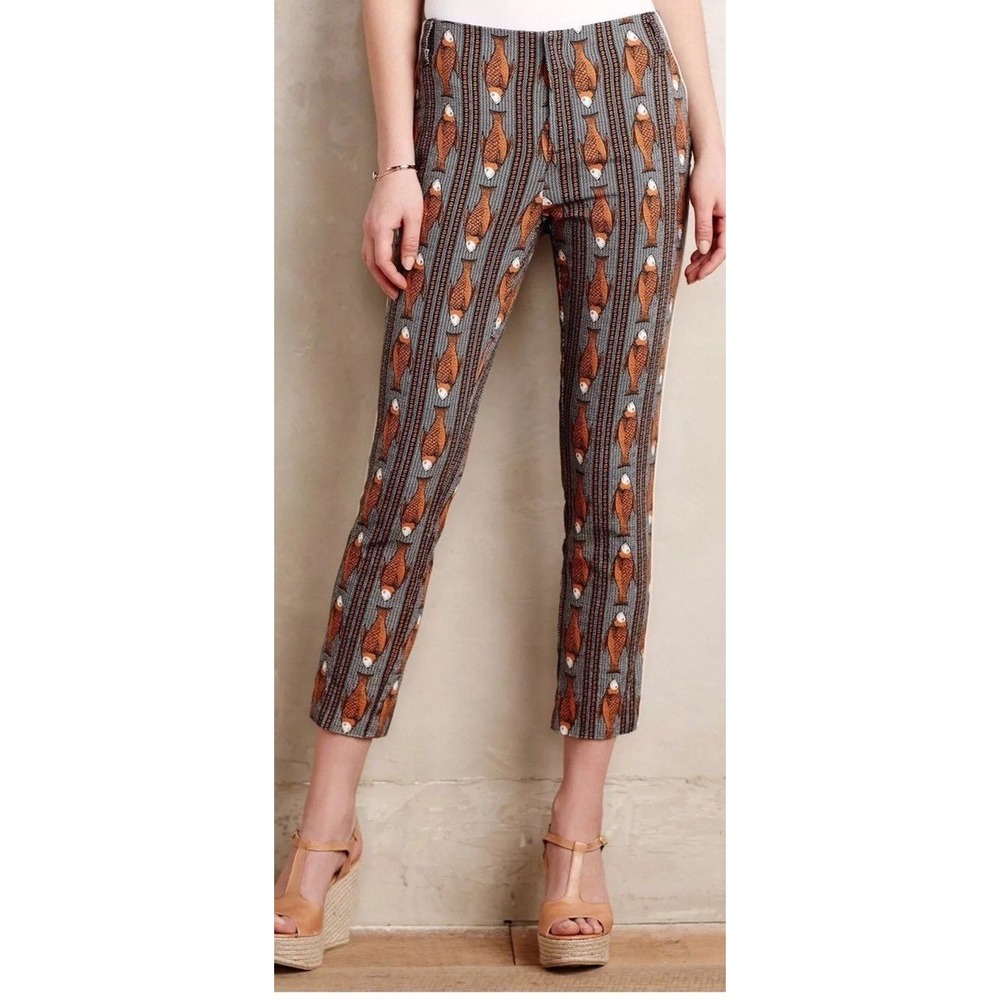 Cartonnier Anthropologie Fish Print Capri Charlie Trouser Pants Orange Gray 4